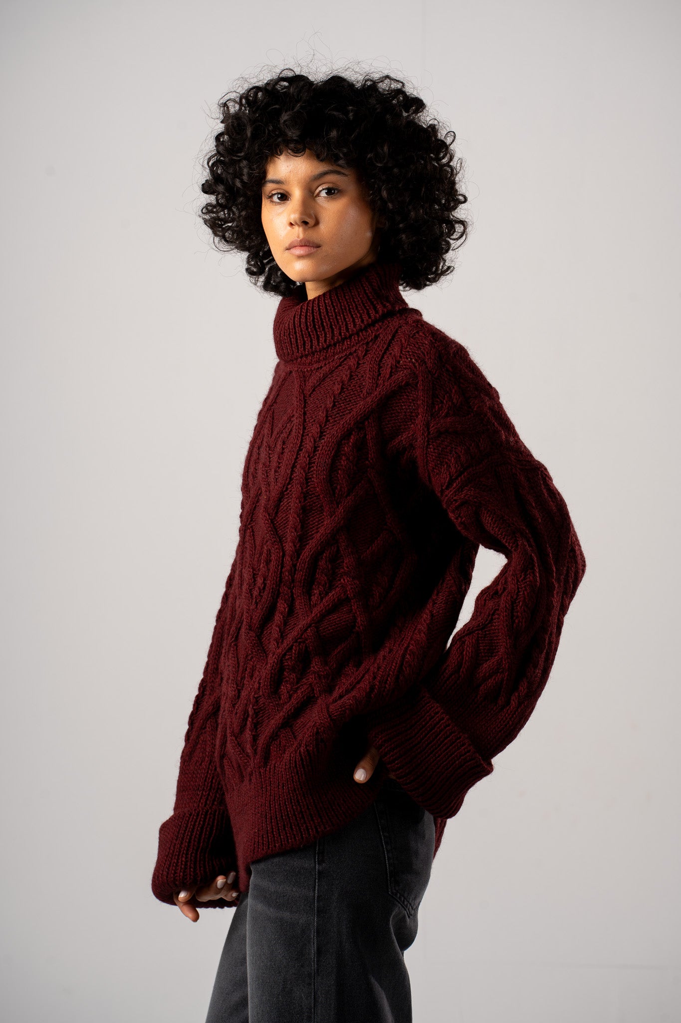 Burgundy Chunky Mock Neck Cable Pullover